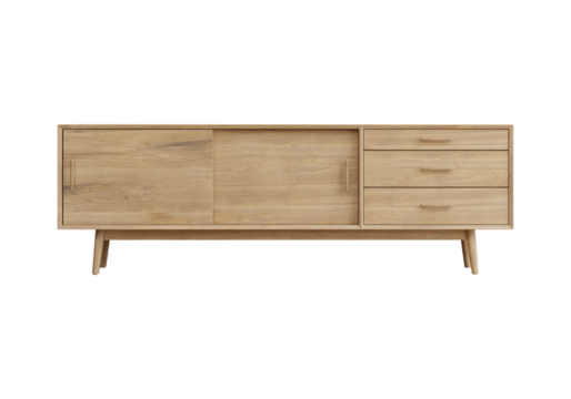 wooden sideboard, mid-century modern design, light oak finish, retro furniture, minimalist aesthetic, sleek lines, angled legs, drawer handles, storage cabinet, living room decor, Scandinavian style, 