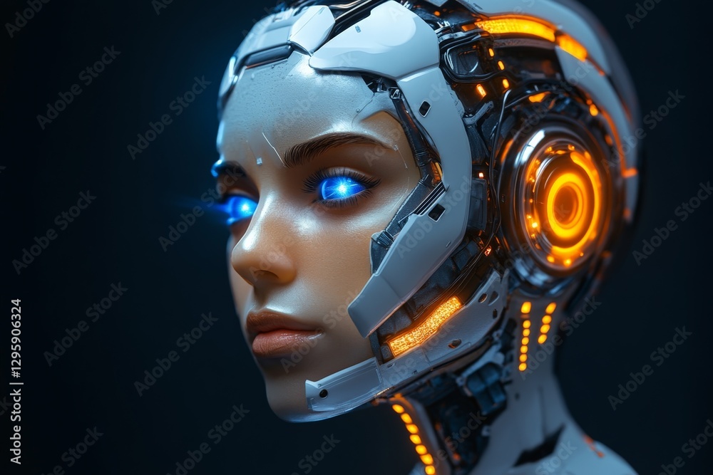 Aufkleber futuristic robot with glowing blue eyes and orange accents showcases advanced technology and design 