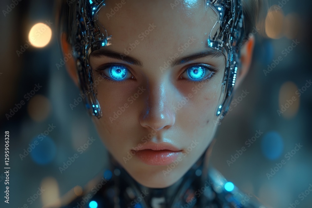 Aufkleber futuristic humanoid with glowing blue eyes and intricate circuitry in a high-tech environment