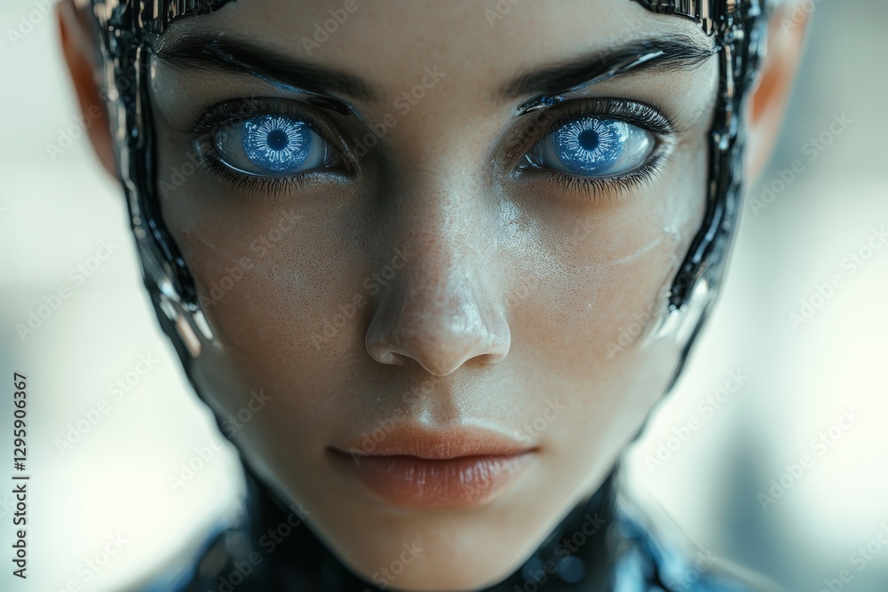 Poster close-up of a humanoid robot with striking blue eyes and intricate facial features highlighting adva