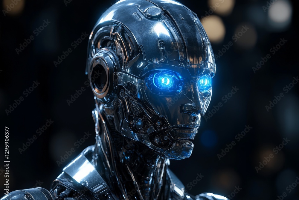 Fototapete futuristic humanoid robot with glowing blue eyes stands in a high-tech environment showcasing advanc