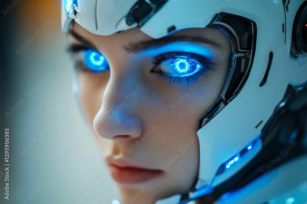 Leinwandbilder close-up of a futuristic humanoid robot with glowing blue eyes, showcasing advanced technology and d