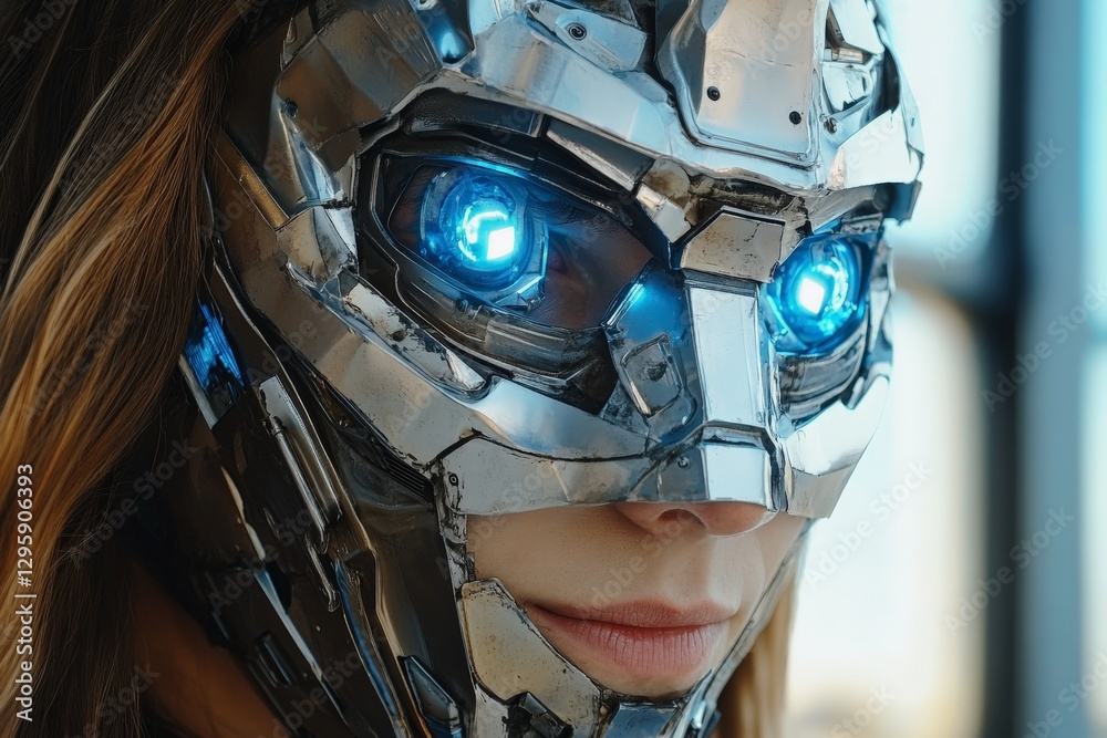 Poster high-tech robotic mask enhances human features in futuristic urban setting with glowing blue eyes