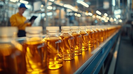 Bottled oil production line in a factory  
