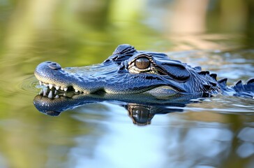 Fototapeta premium Close-Up of Alligator Head Emerging from Calm Water Surrounded by Lush Greenery in Natural Habitat Displaying Intricate Details and Serene Reflection