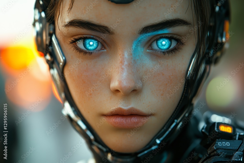 Poster futuristic portrait of a humanoid with glowing blue eyes and advanced cybernetic features in an urba