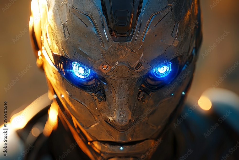 Poster intricate close-up of a futuristic robotic face with glowing blue eyes set against a blurred backgro