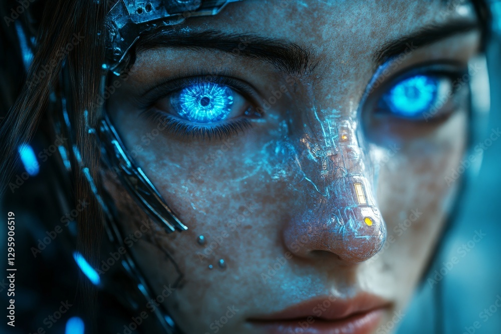 Aufkleber futuristic humanoid with glowing blue eyes and cybernetic features in a high-tech environment