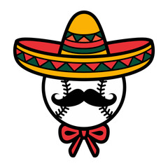 Baseball with Sombrero and Mustache Cartoon Illustration