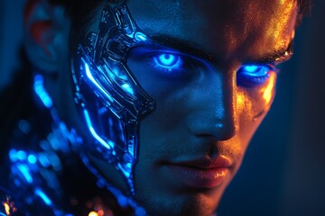 Futuristic cyborg with glowing blue eyes and metallic features in a neon-lit environment