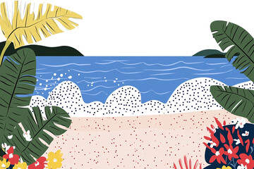 Vector illustration of a tropical beach with palm trees and soft ocean waves, simple, hand painted, bold colors