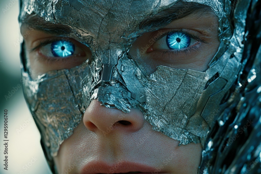 Aufkleber close-up of a character with metallic features and bright blue eyes showing emotions in a futuristic