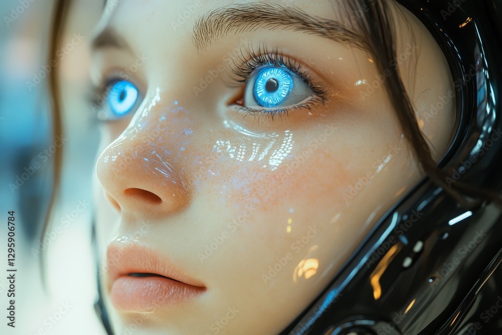 Poster close-up view of a futuristic humanoid robot with glowing blue eyes designed for human interaction