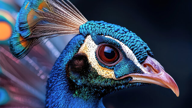 Vibrant peacock displaying stunning blue and green feathers with intricate details. Its striking eye and elegant features captivate viewer