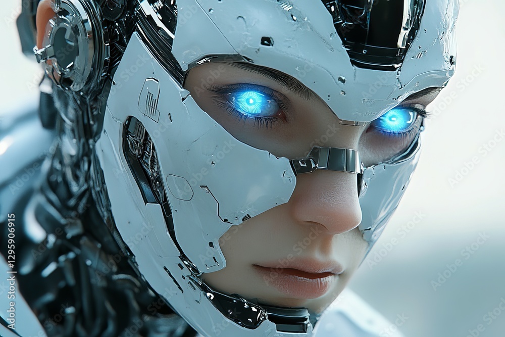 Poster close-up of a futuristic humanoid robot with glowing blue eyes in a high-tech environment during day