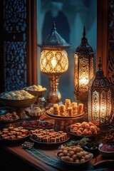 A variety of traditional oriental sweets on display, ready for serving.