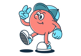 walking ball head character wearing a hat with hands forming a peace symbol in red with white background