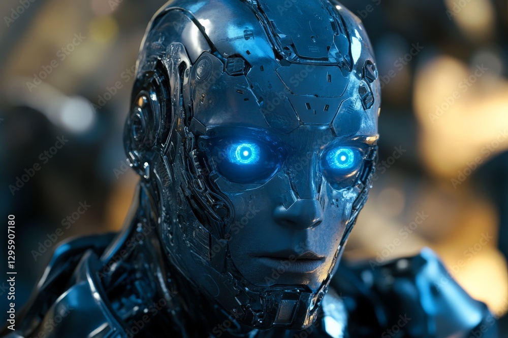 Poster Futuristic robot with glowing blue eyes reflecting advanced technology and artificial intelligence in a sci-fi setting