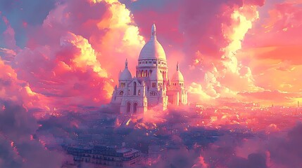 An anime-style depiction of the Sacré-Cœur Basilica, its white domes glowing softly under a vibrant pink and orange sunset, surrounded by whimsical clouds floating gently in the sky. --ar 16:9