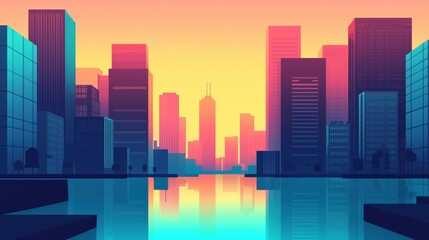 Vibrant City Skyline at Dusk with Reflection on Calm Water