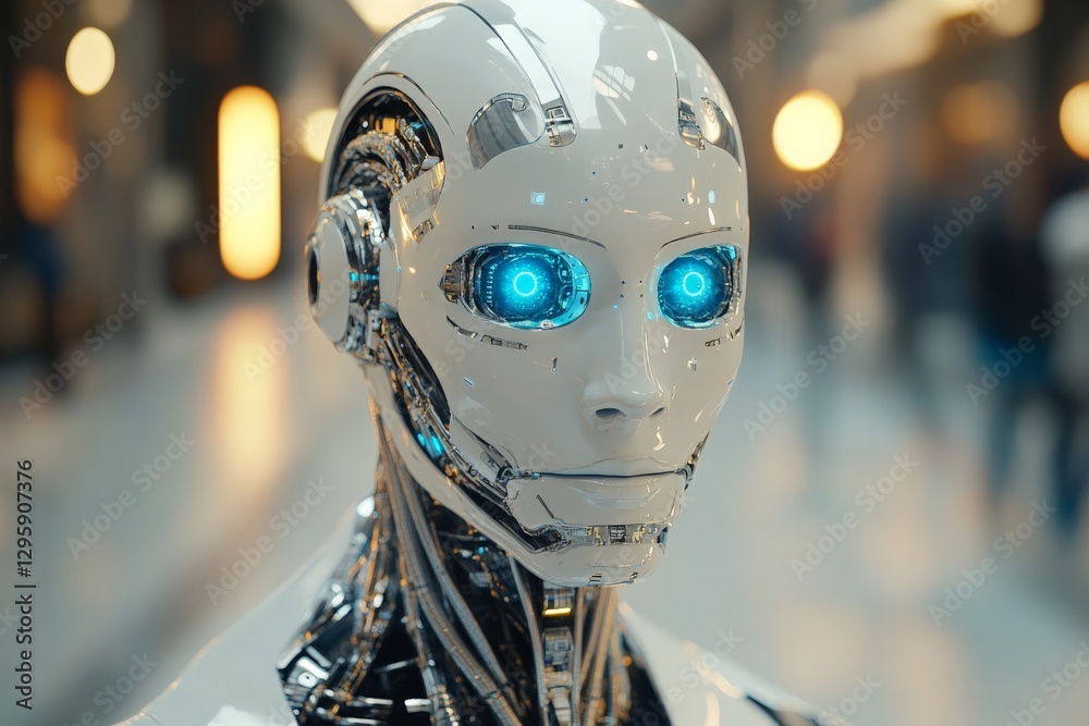 Aufkleber futuristic humanoid robot with glowing blue eyes standing in a modern urban environment during dayti