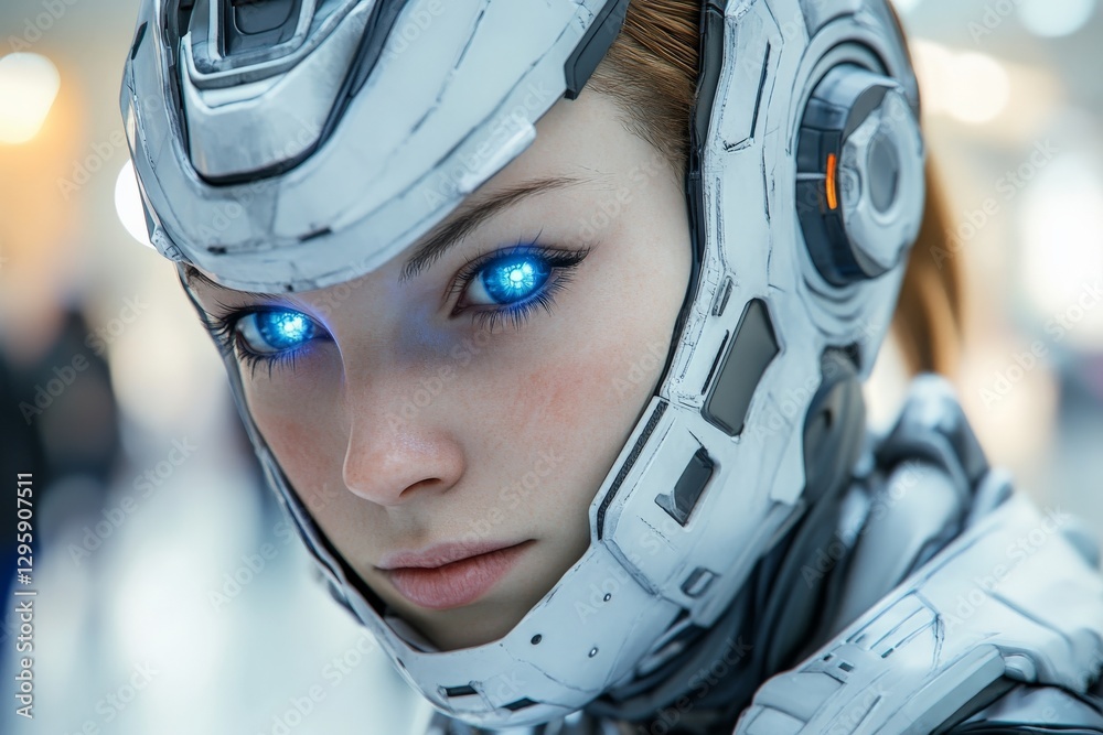 Aufkleber futuristic robotic woman with glowing blue eyes in advanced armor in a modern setting
