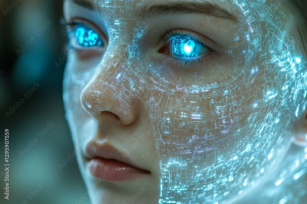 Aufkleber futuristic human with glowing circuitry and digital features in a tech-inspired environment