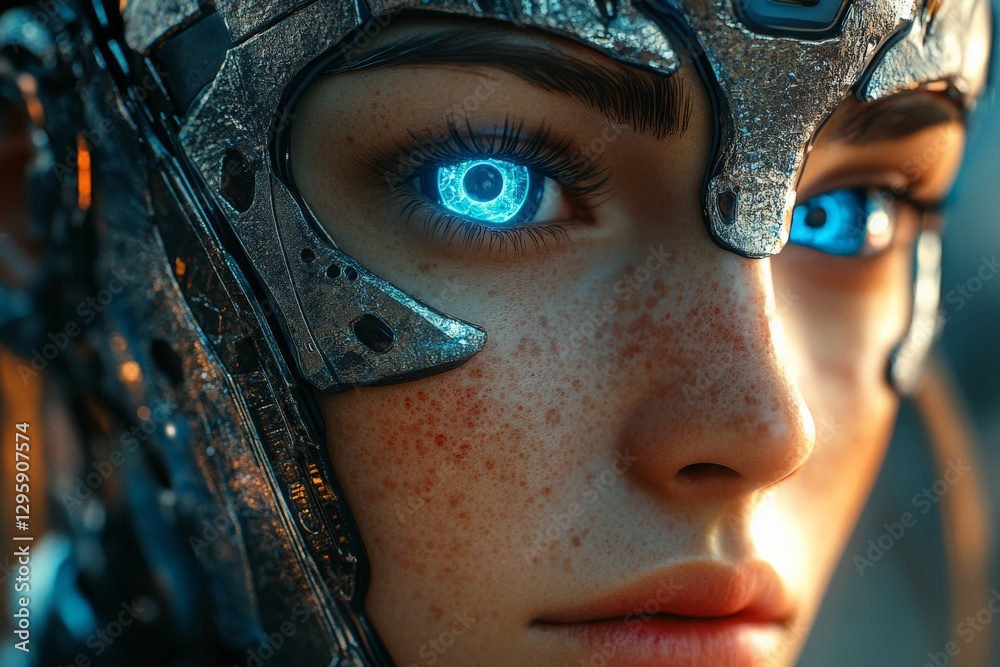 Poster futuristic cyborg with glowing blue eyes highlighting advanced technology in a surreal setting