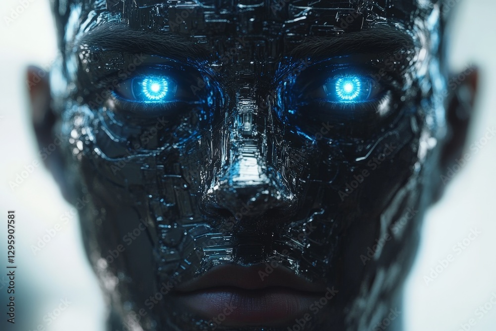 Aufkleber close-up of a futuristic humanoid robot head featuring glowing blue eyes and intricate metallic deta