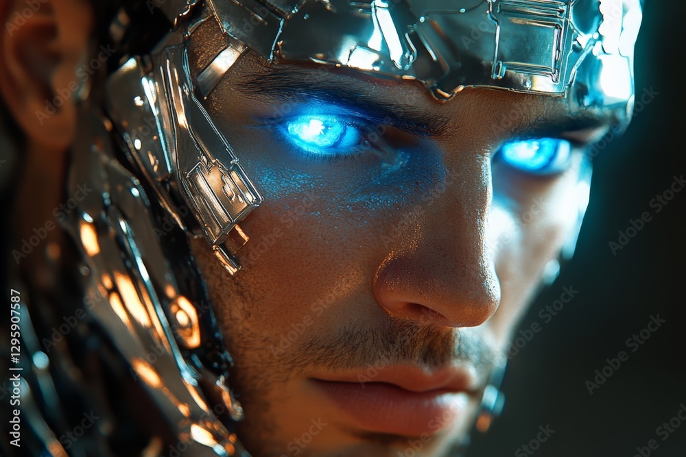 Poster futuristic cyborg with glowing blue eyes showcases advanced technology and design in a close-up view