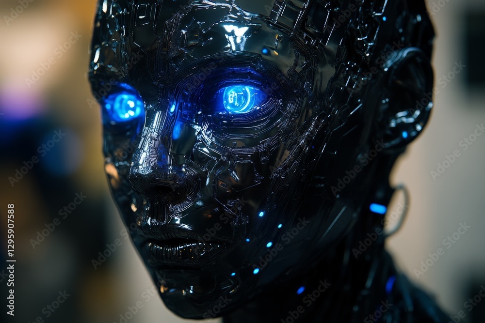 Poster Intricate robotic face with glowing blue eyes showcases advanced technology and design details in a modern setting