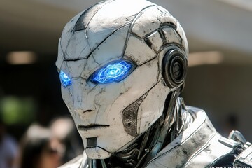 Fototapeta premium Glimpse of a futuristic robot with glowing blue eyes showcasing advanced technology and design at a comic convention