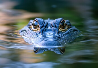 Fototapeta premium Close-Up of Alligator Head Emerging from Water with Reflection in Calm Surface, Capturing Intricate Details and Natural Habitat Environment