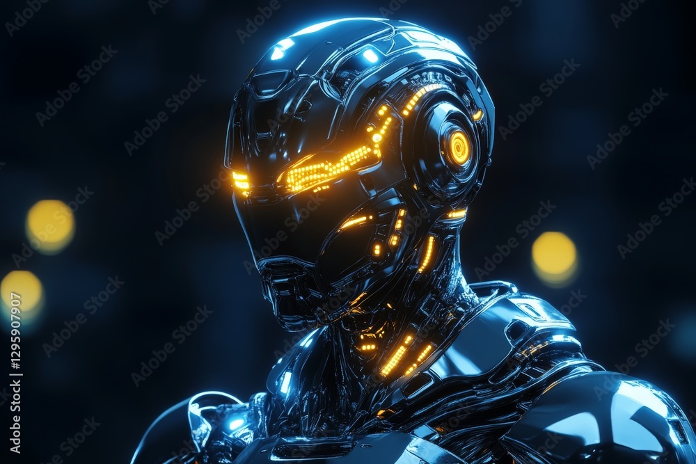 Poster futuristic robotic figure showcasing advanced technology and glowing elements in a dark, illuminated