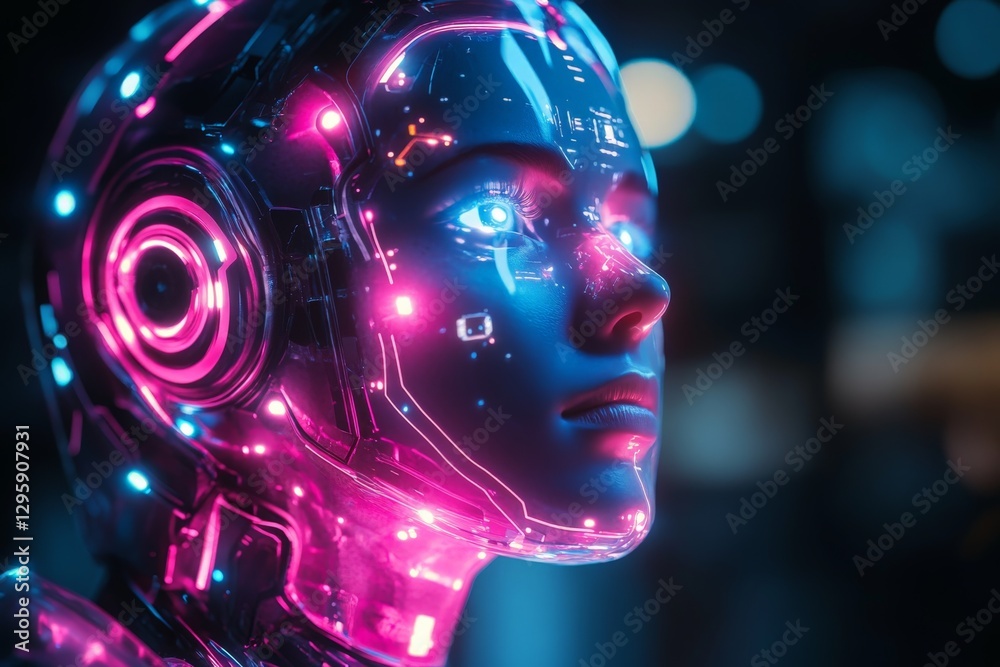 Poster cyborg head illuminated with vibrant neon colors in a futuristic setting