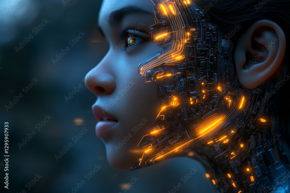 Aufkleber futuristic portrait of a girl with cybernetic features illuminated by glowing circuitry