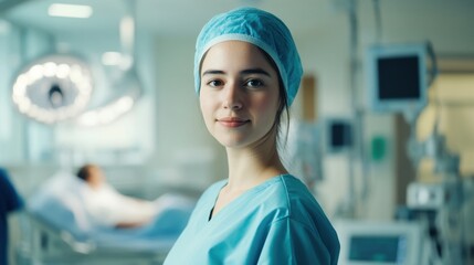Young female medical professional in surgical attire with a confident smile in a modern hospital setting, showcasing healthcare and medical dedication