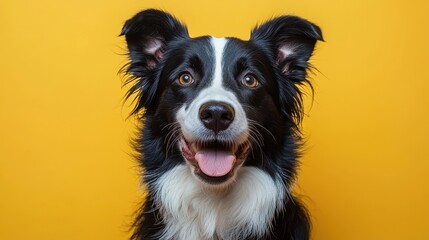 Fototapeta premium Playful border collie dog portrait studio setting animal photography vibrant yellow background close-up view pet concept