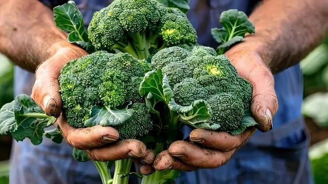 broccoli in the hands of a man. selective focus