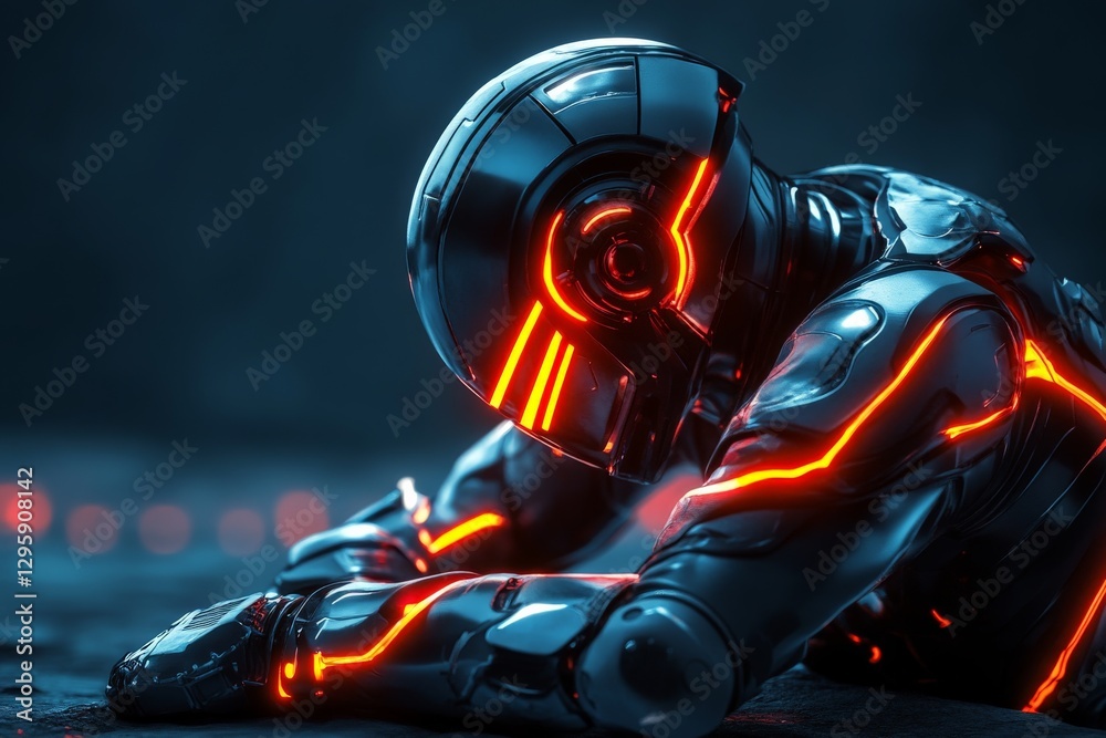 Aufkleber Futuristic robot resting on a dark surface with glowing orange lines in a sci-fi environment near a digital backdrop