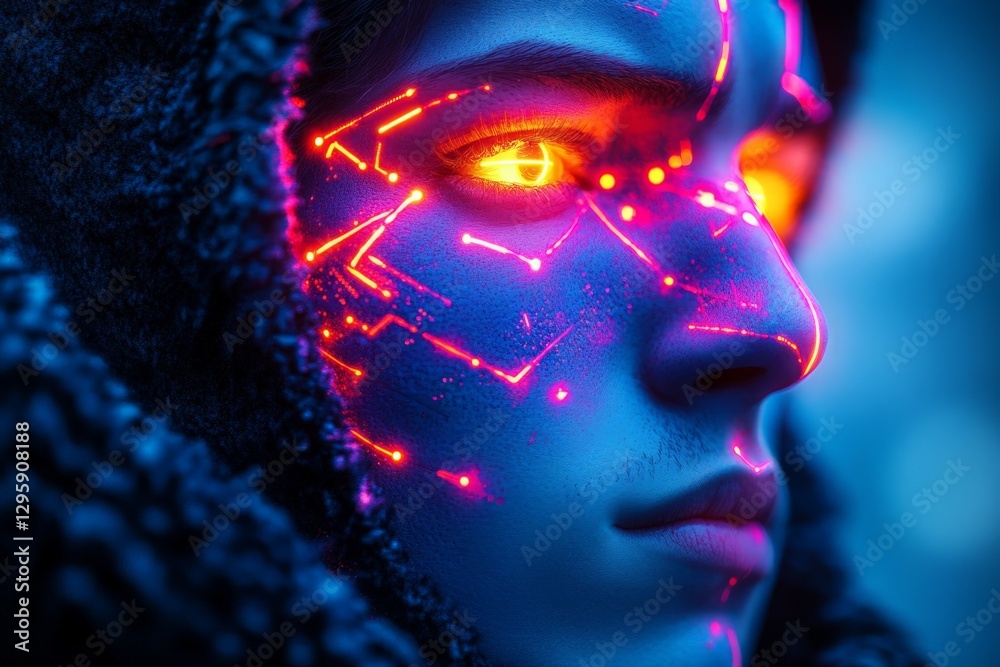 Poster young person with glowing circuitry patterns on face in a futuristic, cyberpunk-inspired setting at 