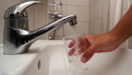woter running into a glass from the tap in bathroom