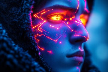 Young person with glowing circuitry patterns on face in a futuristic, cyberpunk-inspired setting at twilight