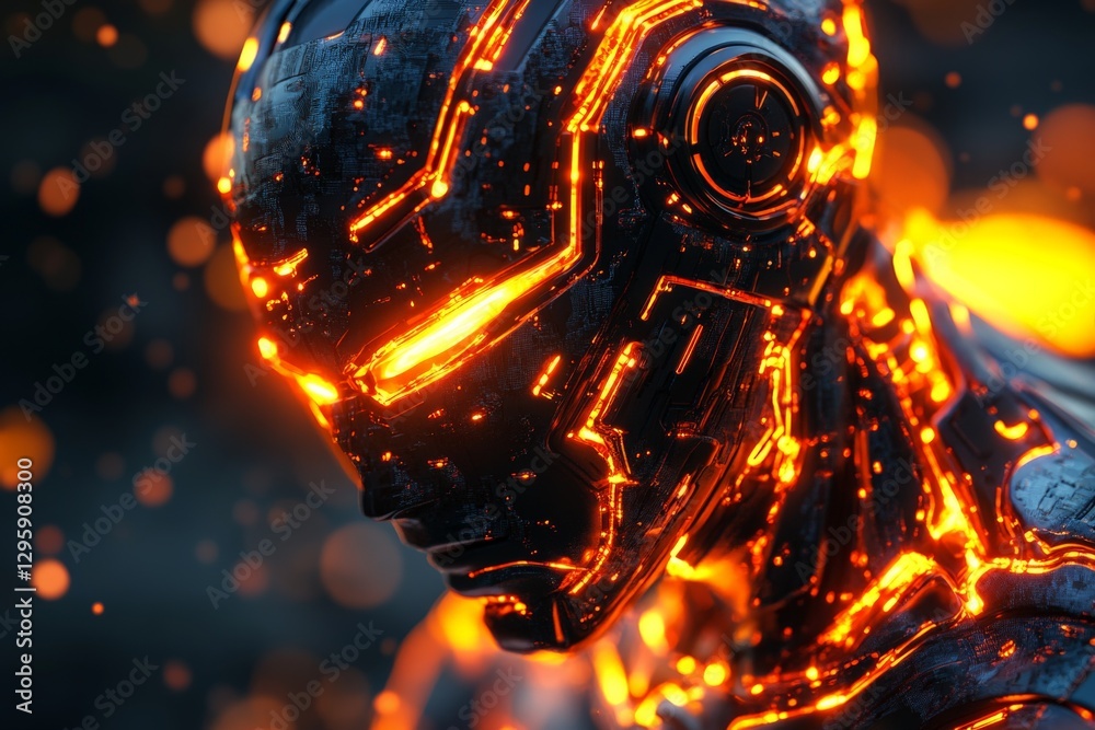 Aufkleber futuristic robot figure illuminated with glowing orange details, showcasing advanced technology and 