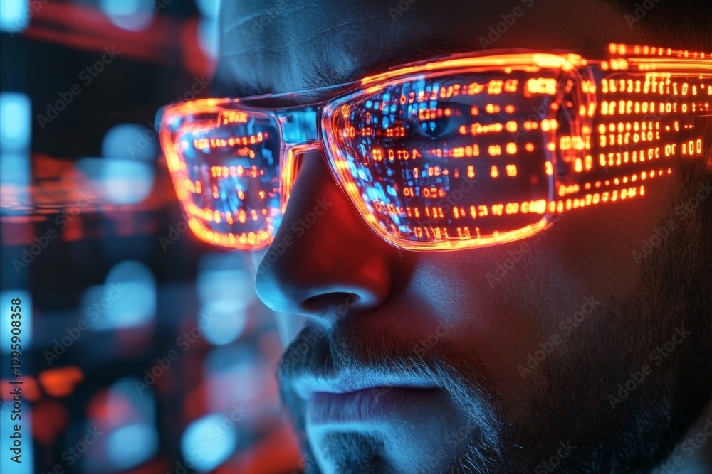 Poster innovative technology showcased with glowing glasses revealing digital data patterns in a futuristic