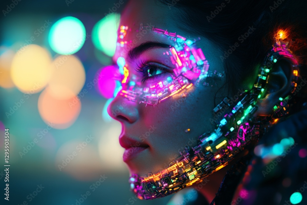 Poster futuristic portrait of a woman with neon circuit patterns on her face in an urban setting at night