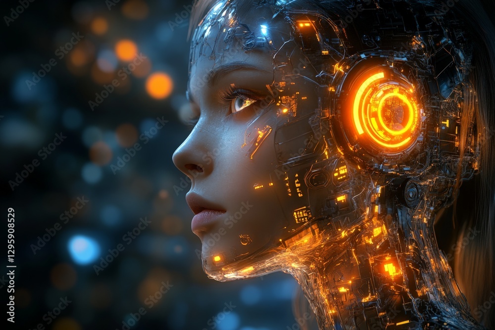 Poster futuristic humanoid robot with glowing circuitry and intricate design elements in a high-tech enviro