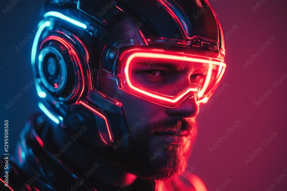 Poster futuristic helmeted figure with neon lights in a dark setting