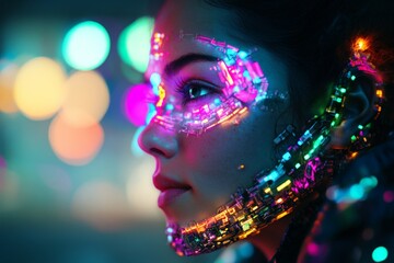 Futuristic portrait of a woman with neon circuit patterns on her face in an urban setting at night