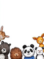 Fototapeta premium Cute animal characters group portrait white background digital illustration playful environment front view fun concept